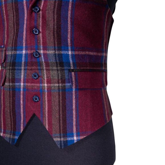Mens Plaid Vest 40R Burgundy Blue Wool Waistcoat Boho Casual Preppy Wedding - Picture 6 of 10
